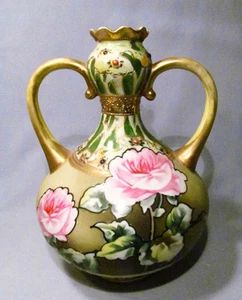 Antike handbemalte Porzellan Vase Nippon rosa rose vergoldet Gold Perlen - Bild 1 von 9