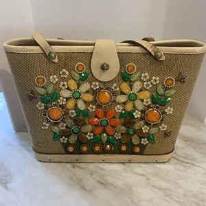 Vintage Enid Collin Purse Handbag Flower Basket Canvas - Picture 1 of 14