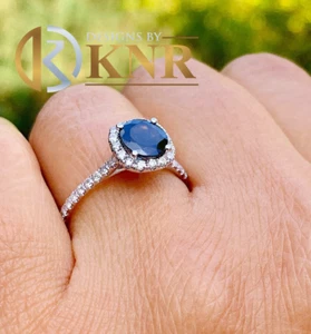 14k white gold round cut blue sapphire and natural diamonds engagement ring 2.30 - Picture 1 of 8