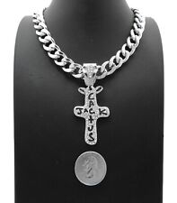 Travis Scott Cactus Jack Cross Silver Pendant 18" 20" 24" Cuban Chain Necklace