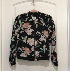 DECREE ~ Sz Small ~ Hawaiian HIBISCUS FLORAL Zip Front Cropped BOMBER Jacket a55 - Picture 1 of 4