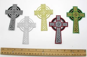 Iron On Patch Applique - Celtic Religious Cross 4 1/4" x 2 3/4" *Colors* - Picture 1 of 6