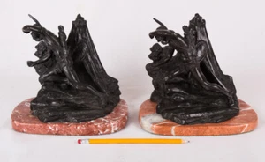 Carl Kauba Native American Man Solid Bronze Book Ends w Marble Base, 8" Tall - Picture 1 of 5