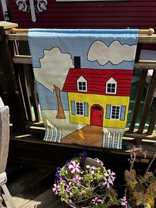 Vintage 90er Outdoor Happy Home Flagge / sanft gebraucht kommt mit Holzstange - Bild 1 von 10