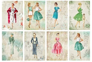 Set of 8 Vintage Retro Ladies Fashion 50's Collage Cotton Fabric Blocks - Picture 1 of 1