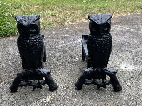 Pair Of Vintage Cast Iron glass eye Owl Bird Fireplace Andirons Stamped 407E Cover