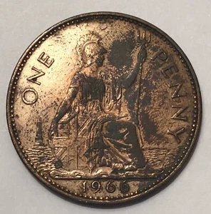 1966 ELIZABETH II DEI GRATIA REGINA F D + ONE PENNY COIN GREAT BRITAIN - Picture 1 of 2