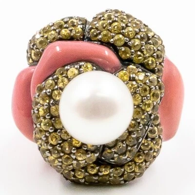 4.25ct Senexi 925Sterling Sliver Ring Pink Enamel with Yellow Sapphire and Pearl - Image 1 of 4