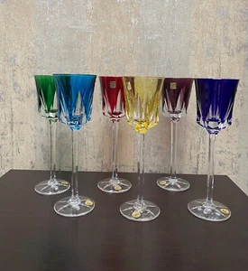 6 Vannes Le Chatel Cut to Clear Colored French Crystal Wine 9 3/4" - Bild 1 von 8