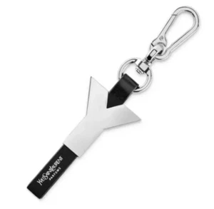 YSL Yves Saint Laurent Y Key Ring Keychain Purse Charm Silver/Black Faux Leather - Picture 1 of 3