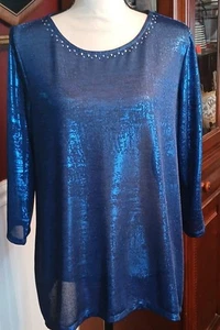 RUBY Rd. Women's Pullover Top Tunic Blue Metallic Rhinestone Size M 3/4 Sleeve - Picture 1 of 7