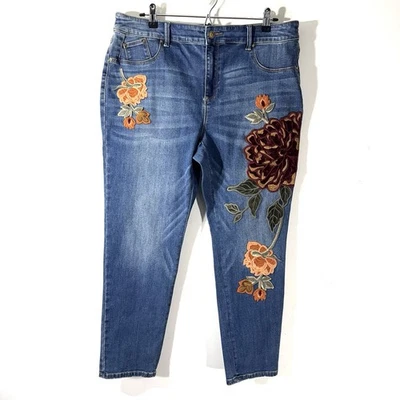 Chico’s Floral Embroidered Skinny Jeans Sz 16 Petite Jeggings Velvet Boho Hippie - Image 1 of 4