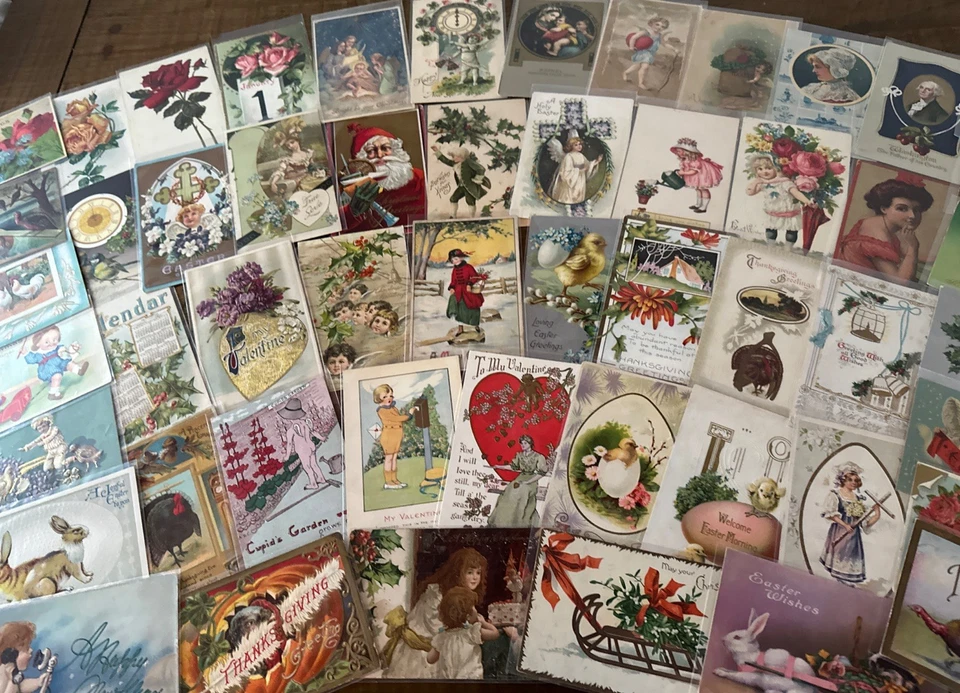 Lot of 60 Holiday Greetings Postcards~Xmas~Easter~Thanksgiving Santa~etc.~k469 - Image 1 of 4