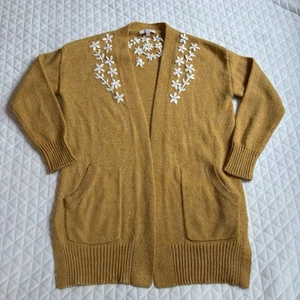 Skies Are Blue Women’s Long Cardigan Size XS Mustard Yellow W/ White Floral Boho - Picture 1 of 13