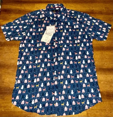 Navy Blue Santa Snowman Short Sleeve Shirt Size Medium Holiday Christmas - Image 1 of 4