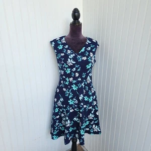 Abito London Times blu navy verde acqua floreale senza maniche elasticizzato texturizzato scollo a V taglia 6 - Foto 1 di 15