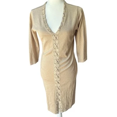 Y2K Dress Womens Small Gold Shimmer Laced Grommets V Neck Plunge - Image 1 of 4