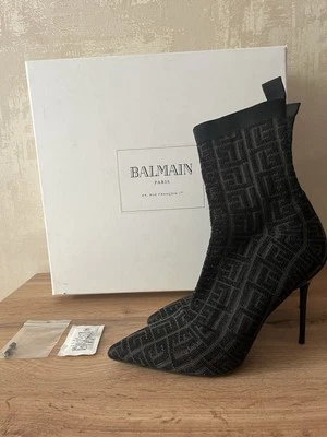 Balmain 女式 Blk/白色 Monogram-Jacquard 尖头踝靴 - EU37/US7 — 第 1/4 张图片