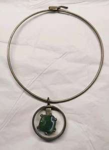 Stunning Vintage Jorgen Jensen Pewter Pendant Necklace -Danish-Green Agate Stone - Picture 1 of 14