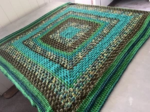 Handmade Crochet Woollen Blanket Granny Throw Sofa Knee Knit Green Rug Knitted - Picture 1 of 13