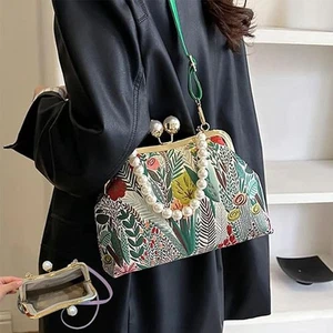 Pearl Chain Purses and Handbags Embroidered Flower Evening Clutch - Picture 1 of 15