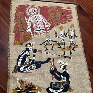 Colgante de pared aborigen Margaret Dowe - arte de yute JonEff Australia años 70 - Imagen 1 de 8