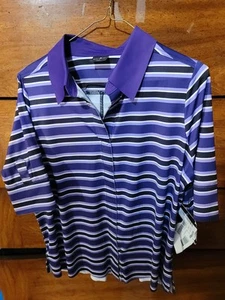 NWT BELYN KEY UPF 50 POLO ATHLETIC GOLF TOP MULTICOLOR STRIPES WOMEN LARGE - Picture 1 of 7
