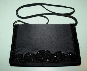 Black Satin Beaded Front Evening Bag Clutch Purse Corded Strap - Picture 1 of 10
