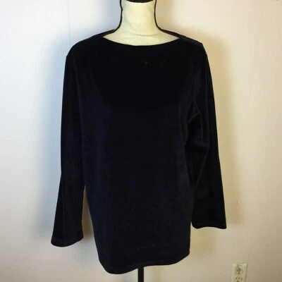 复古 Jones Wear 衬衫束腰上衣 M 码女式海军蓝天鹅绒长袖 — 第 1/4 张图片