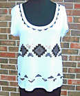 INC White Knit Top Aztec Design Black Silver Copper Sequins Short Slv Ladies M