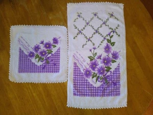 Vintage terry face washer & hand towel Gift set Purple daisy's Free postage - Picture 1 of 5