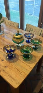 5 Piece Bohemian Glass Set Green Blue Gold - Picture 1 of 9