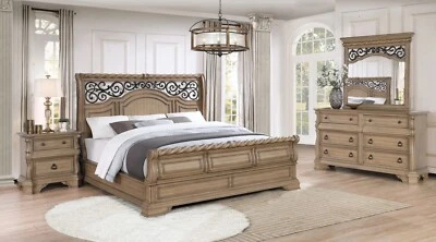 NEW Queen King 4PC Rich Oak Classic Sleigh Bedroom Set Traditional B/D/M/N - Image 1 of 4