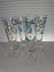 4 Vintage Federal Glass Gold/Turquoise Amoeba Boomerang MCM Pilsner Glasses - Picture 1 of 7