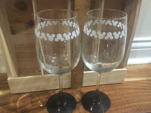 MICKEY MOUSE Etched WINE GLASSES Set Of 2--9'' tall - Picture 1 of 6