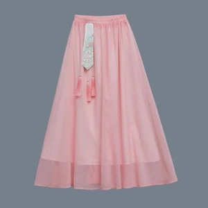 Gonna donna cinese hanfu midi chiffon maglia ricamo nappa elastico in vita - Foto 1 di 12