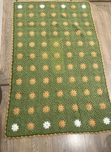 Granny Square Vintage handmade Afghan crochet Blanket 50 x 74 Moss Green & Sand - Picture 1 of 4