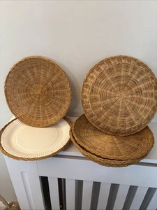 8 Vintage Wicker Woven Rattan Round Charger Plate Picnic 9” Paper Plate Holder - Picture 1 of 3