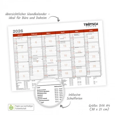 TRÖTSCH Wandkalender A4 od. A5 Kalender Agenda 2026 Tafelkalender Schreibtischkalender
