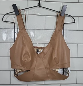 ZARA Womens Sz M Brown FAUX LEATHER BRALETTE CROP TOP Elastic Party Y2K Biker - Picture 1 of 5