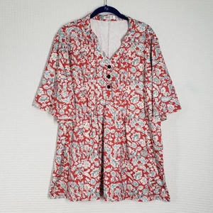 Hocosit Tunika Oberteil Damen 2XL rot Blumen Plissee Flatterärmel Bohemian Freizeit - Bild 1 von 15