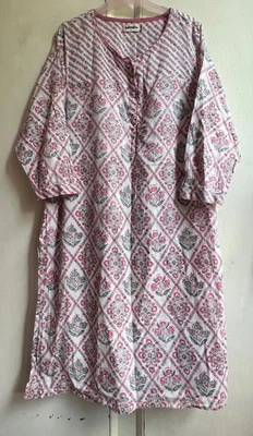 FABINDIA Kaftan Dress XXL Pink Green Floral Hand Block Print Cotton Midi Length - Image 1 of 4