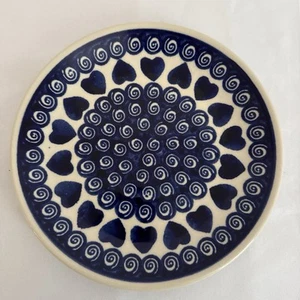 Boleslawiec Hand Made Polish Pottery Dessert Plate 7.75” Cobalt Blue Hearts - Picture 1 of 6