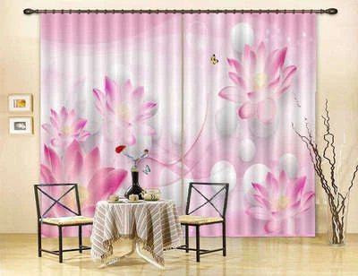 Blooming Pink Lotus 3D Curtain Blockout Photo Print Curtains Drape Fabric Window - Image 1 of 4