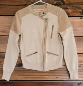 Maglione Banana Republic beige asimmetrico moto zip davanti ecopelle scamosciata lana merino - Foto 1 di 9