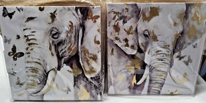 Elephant Canvas Wall Art Pics Lot of (2) SZ 8 X 8 Inches Hangs - Picture 1 of 5