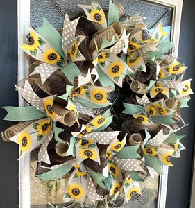 Lovely Sunflower & Polka Dot Deco Mesh Front Door Wreath Spring Summer Fall - Picture 1 of 6