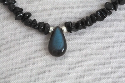 BLACK SPINEL & BLUE SHEEN LABRADORITE DROP NECKLACE ~ STERLING SILVER 18" - Image 1 of 2