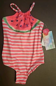 3T Watermelon Bathing Suit 1 Piece Swimsuit Pink White Stripes . Pink Platinum - Picture 1 of 3