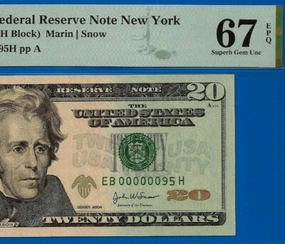 2004 $20 Federal Reserve Note PMG 67EPQ Birthday/Anniversary Fancy Low Serial - Image 1 of 3